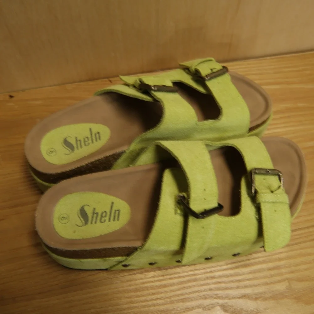 Shein Lime Green Faux Suede Platform Sandals Studded Double Strap Slides Size 9